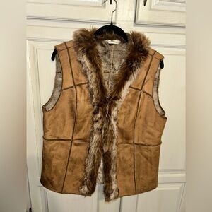 Orvis Womens Plush Faux Suede Vest Western Faux Shearling Fur Waistcoat Brown